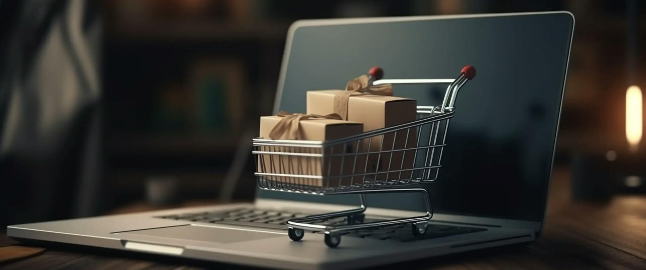 Na imagem, um carrinho de compras está sobre um notebook, simbolizando o serviço de comércio eletrônico